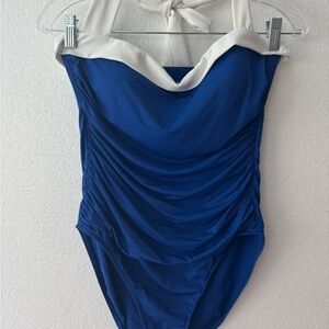 Ralph Lauren Retro Inspired Blue & White Tummy control One Piece Swimsuit sZ 12